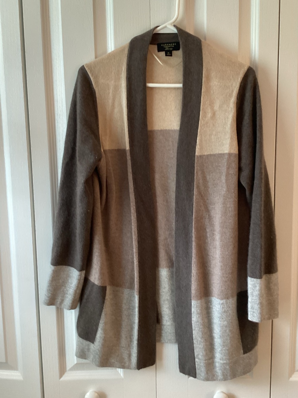 CHARTER CLUB Color Block 100% Cashmere Cardigan Tan Sweater Sz Med - IEC